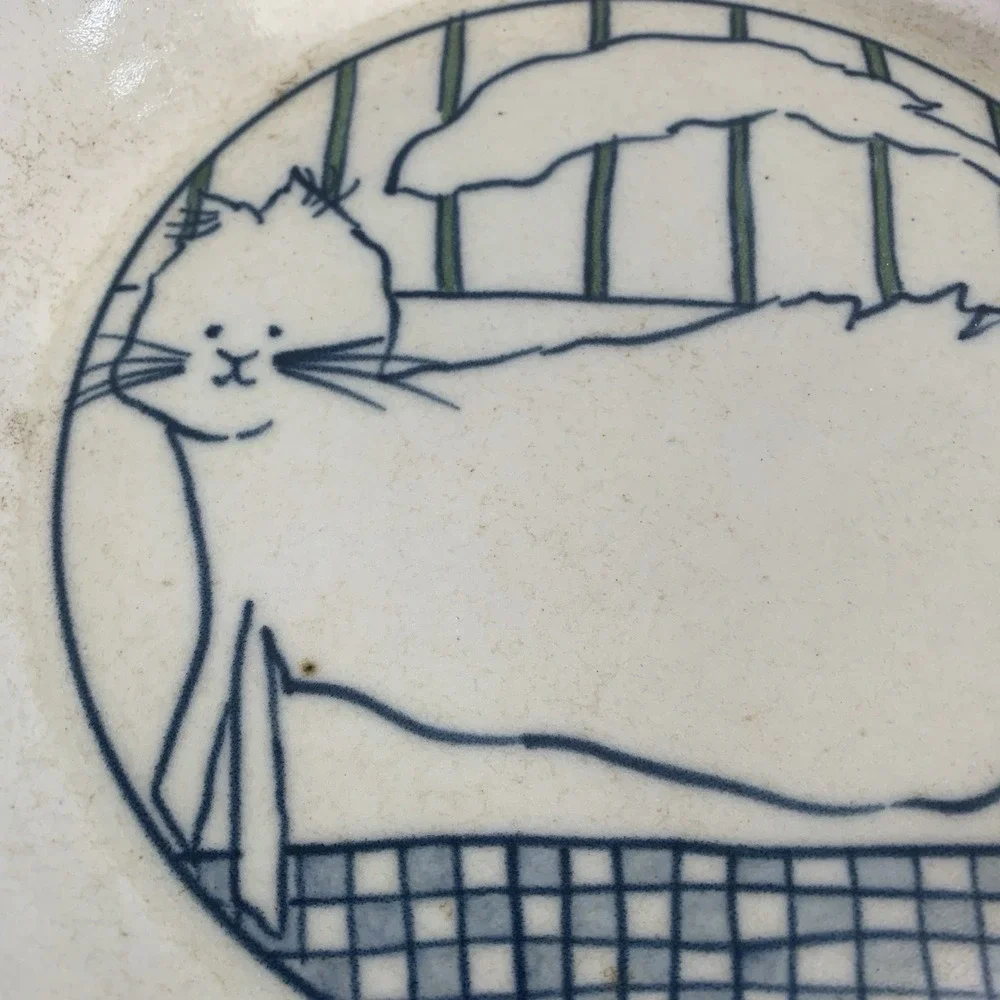 Vintage Handmade Pie Plate Cat Signed Pottery Art 11